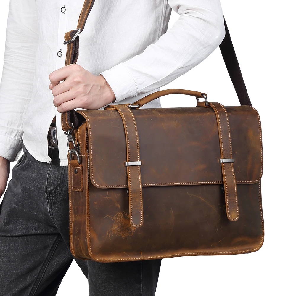 

Dropship wholesale vintage craze horse leather 14inch Portfolio Laptop protective soft bag men genuine leather Briefcase, Brown/coffee/black
