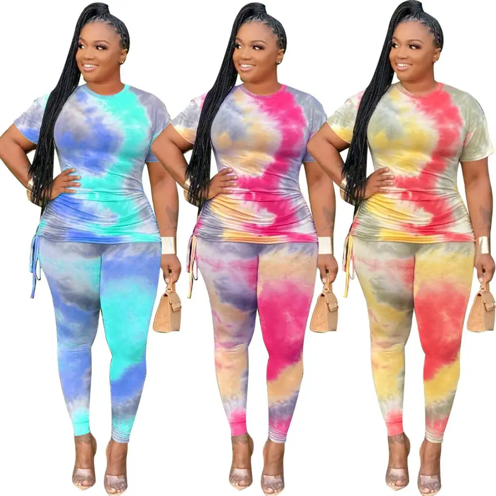 

Autumn Long Sleeve Tie Dye Print Casual Plus Size Two Pieces Set for women