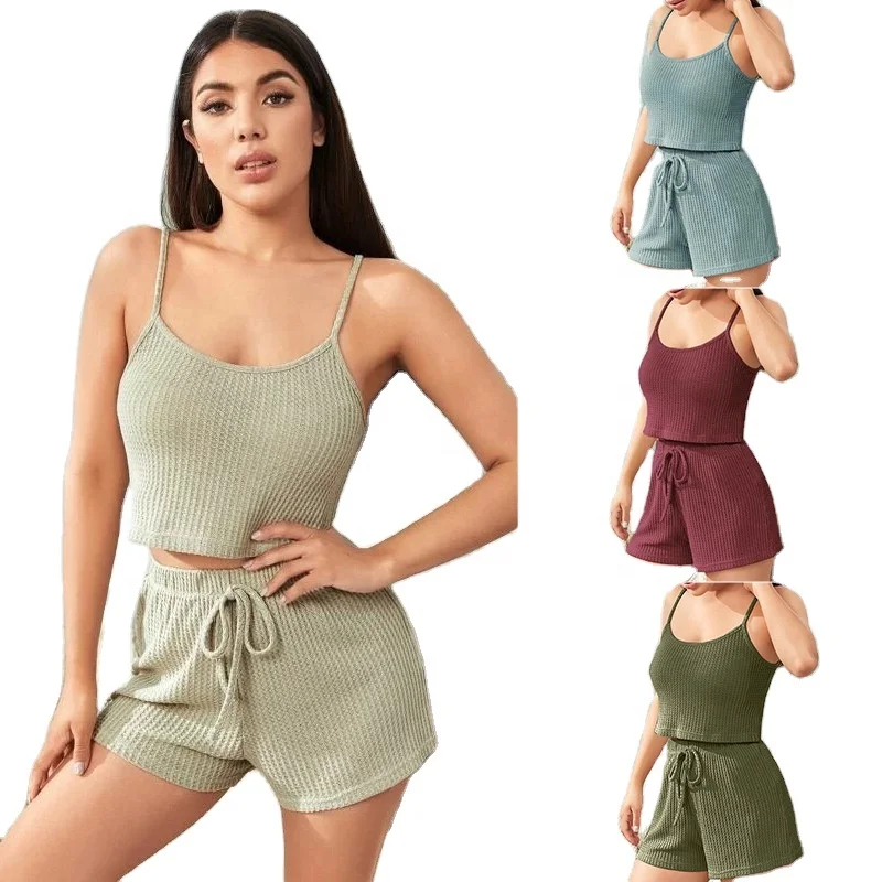

New Arrival sleeveless Loungewear Set Women Fahion Casual Two Piece Set Sleepwear for Ladies sleepwear Pajamas set Knitted