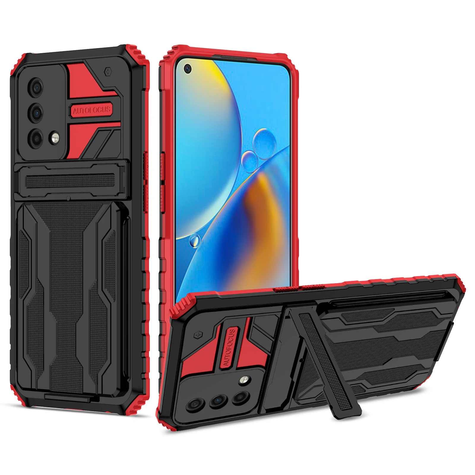 

Luxury TPU PC Hybrid Shockproof Phone Case with Detachable Card Holder and Kickstand For OPPO A74, As pictures