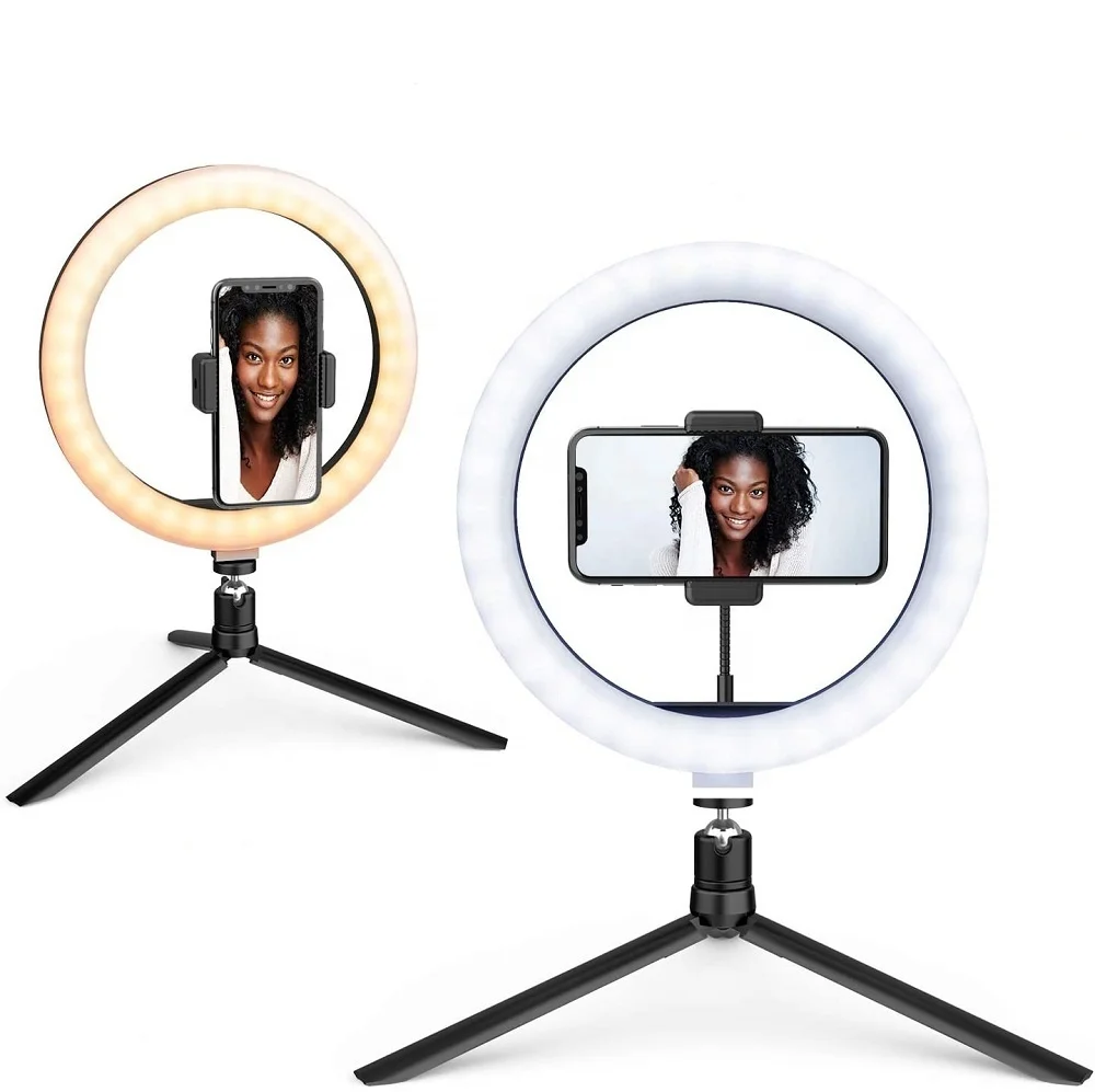 

10" Selfie Light with Tripod Stand Phone Holder Dimmable Desk Makeup Ring Light Perfect for Live Stream TikTok YouTube Video, Black