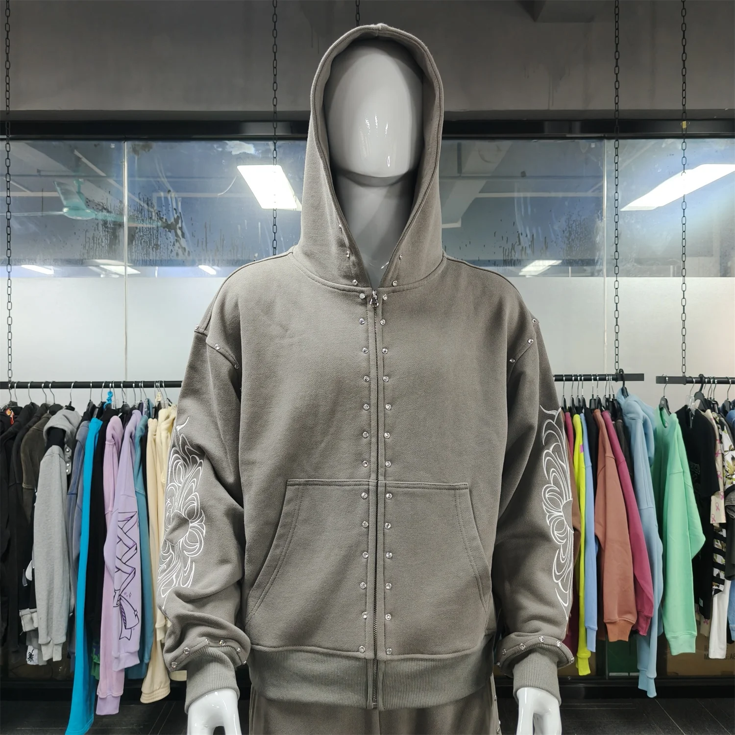 Custom Oversized Heavyweight Vintage Wash Embroidery Rhinestone Boxy Zip up Hoodie for Men