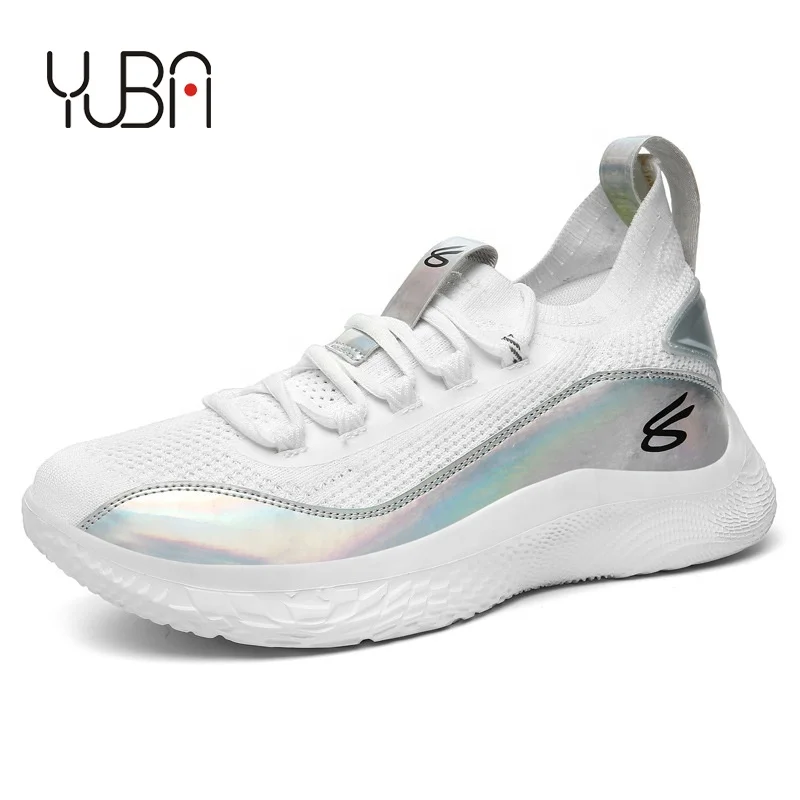 

2021 designer new curry basketball shoes men's casual breathable fly knitted sports basketball shoes, White/black/yellow/blue