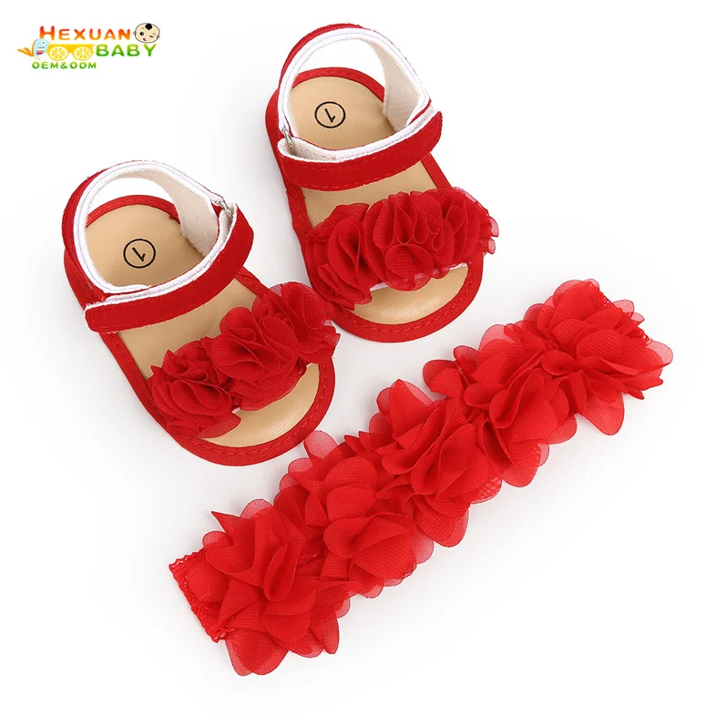 

New Newborn Infant Baby Girls Crib Shoes Sequined Floral Flat Hook Princess Shoes Summer Cute Sandals+ Flower Headband 2PCS, Picture shows