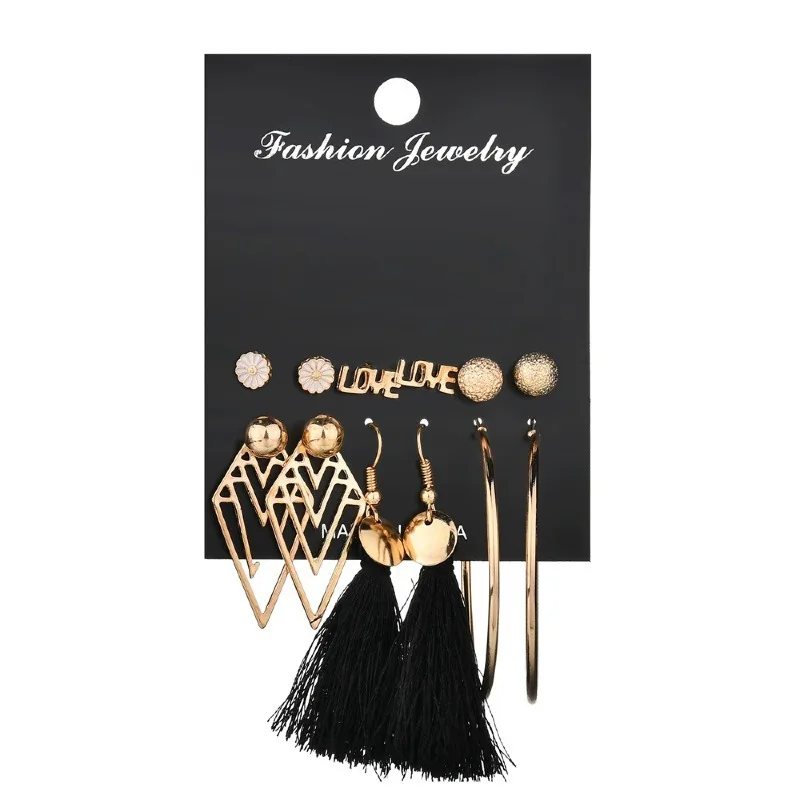 

Vintage Gold Plated Tiny Small Love Ball Stud Big Hoop Earrings Women Yong Ladies Black Drop Tassel Boho Earring Set For Girls, Color plated as shown