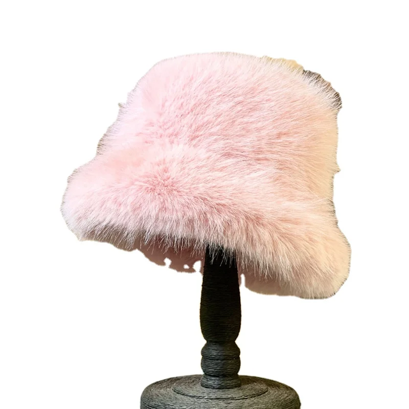 

Europe America Fluffy Plush Luxury Bucket Hat Solid Color Faux Faux Fox Fur Warm Hat Women Thick Fuzzy Fisherman Cap Winter Ski