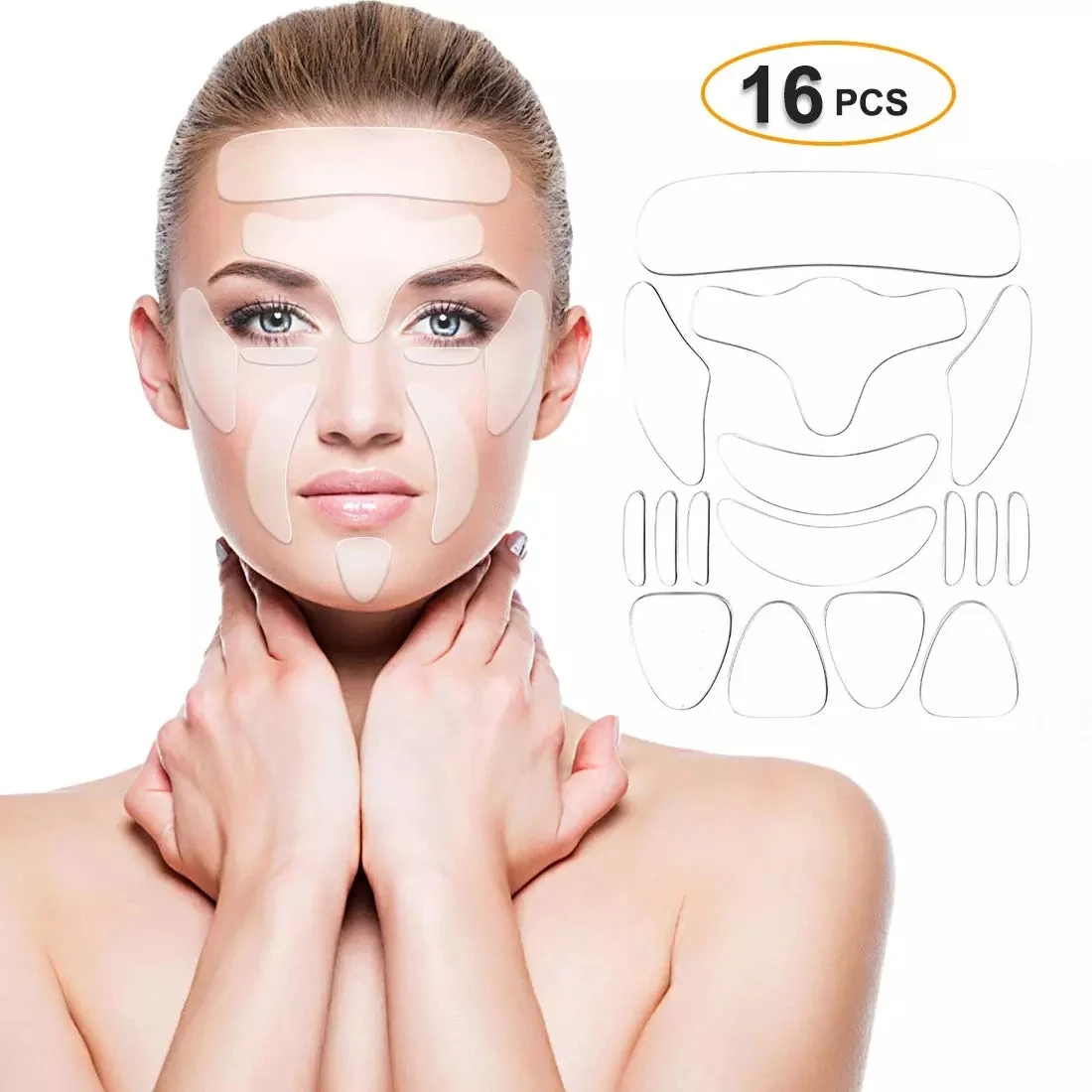 

16 Pieces Anti Wrinkle Eye Forehead Face Pad Reusable Medical Grade Silicone Facial Patches to Prevent Face Wrinkles, Transparent