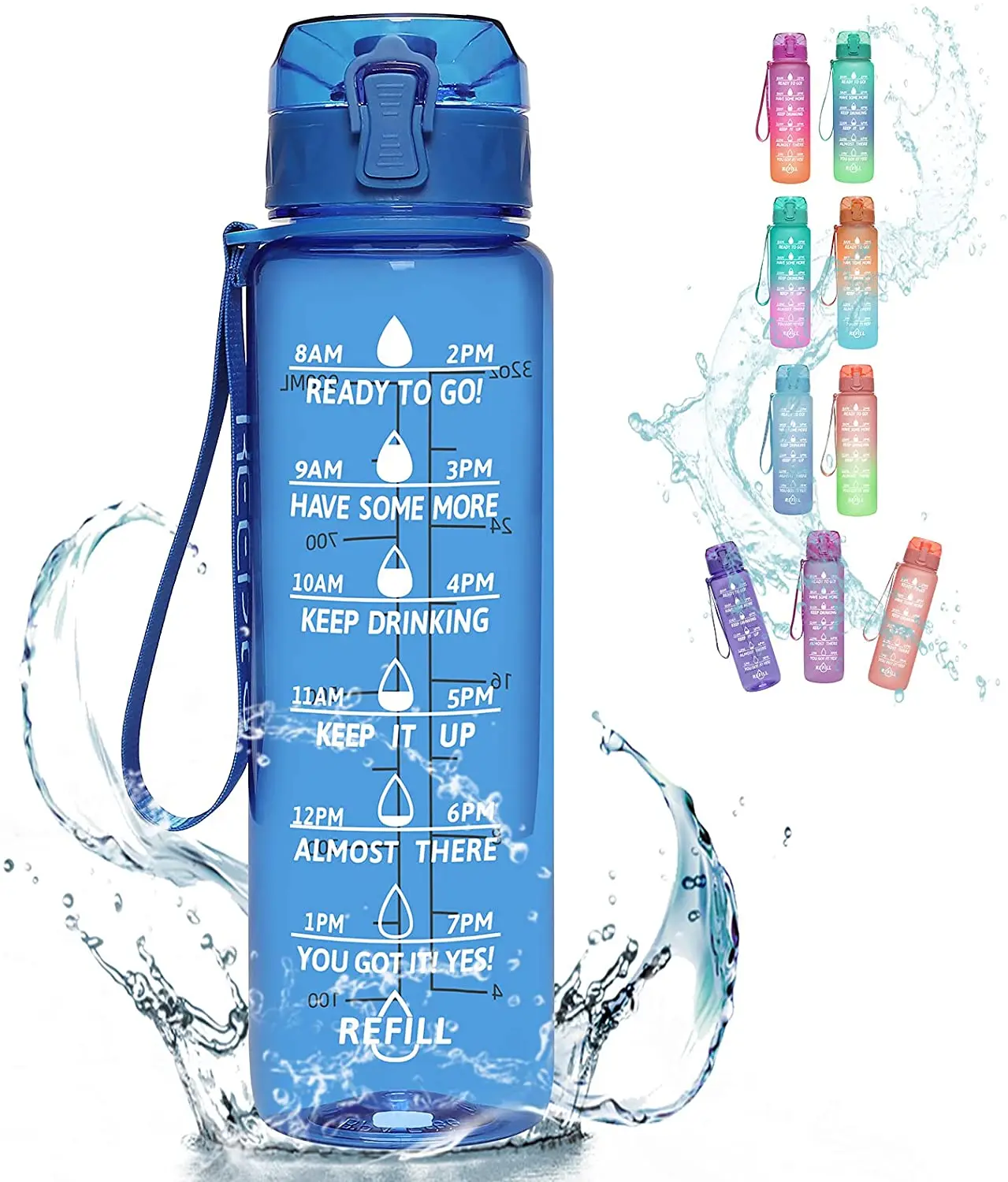 

32oz Motivational Fitness Sports Water Bottle with Time Marker & Straw, Large Wide Mouth Leakproof Durable BPA Free Non-Toxic, Blue