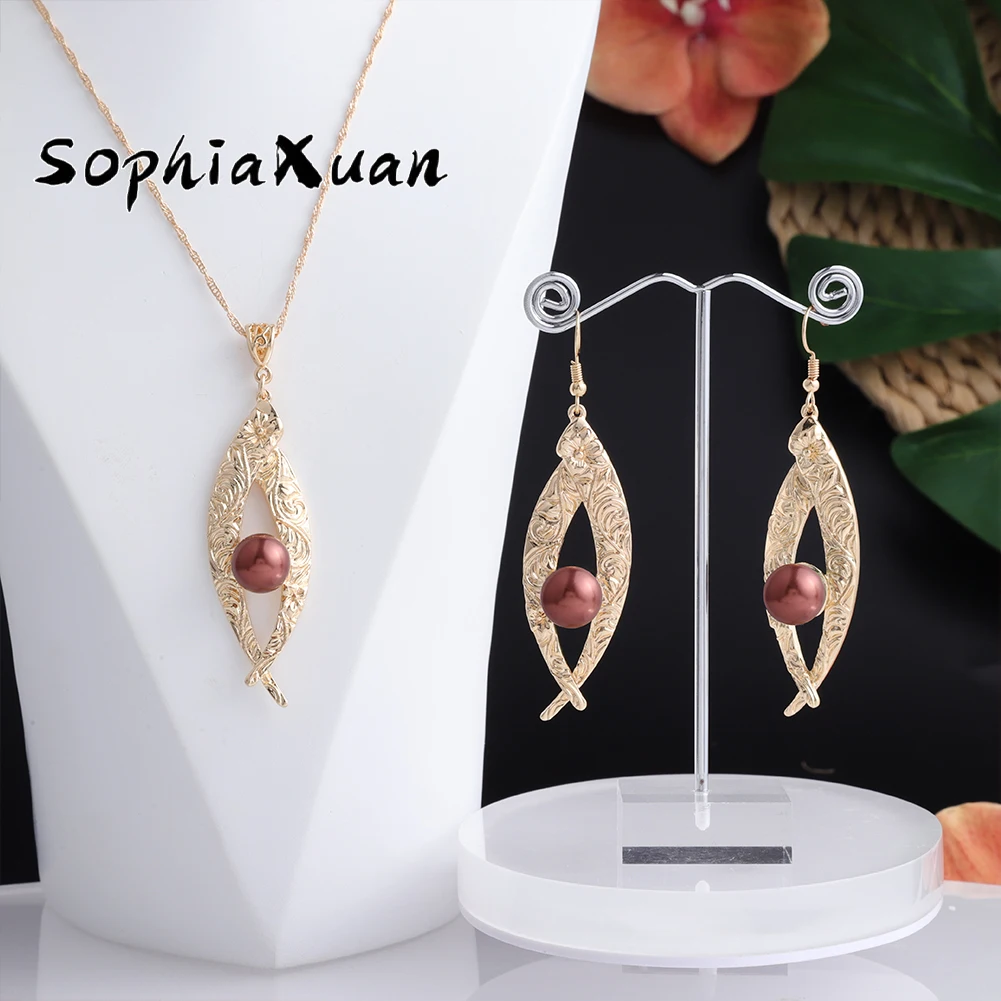 

SophiaXuan Fashion Samoan Pearl Hamilto Gold Dropship Wholesale Polynesian Jewelry Hawaiian Set, Picture shows