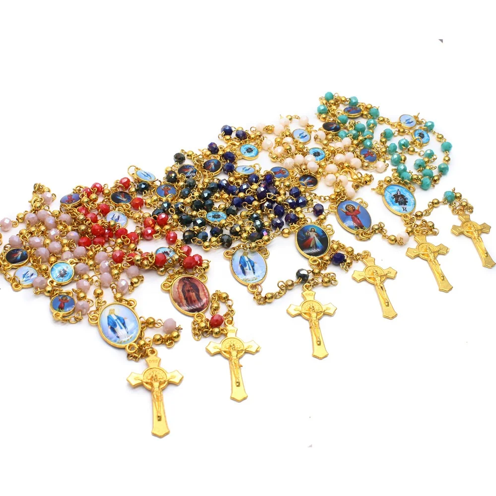 

New design fashion crystal beads alloy Cross 6mm Crystal rosary necklace