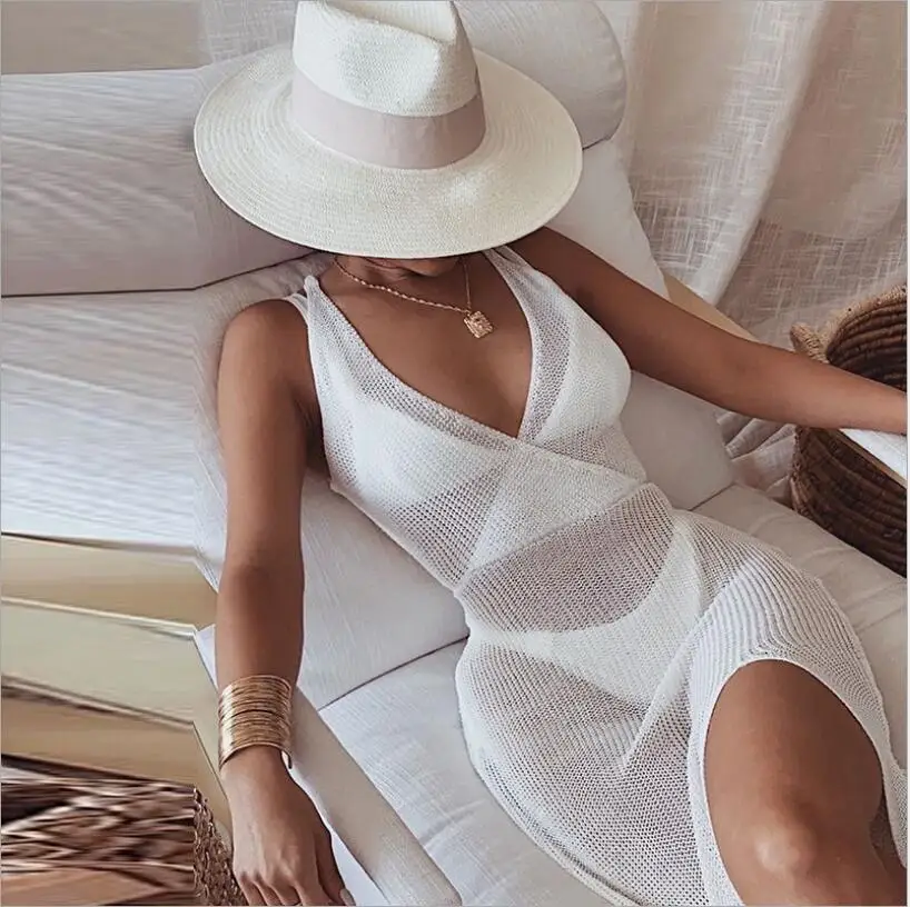 

Deep V Neck See Through Beach Swimsuit for Women Sleeve Bikini Cover Up Net Mesh Beach Maxi Dress