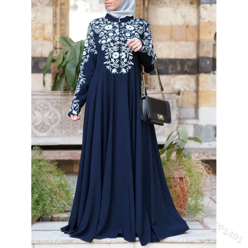 

Muslim women's dress with long sleeves, standing collar and printed skirt with big swing abaya women muslim dress, As picture