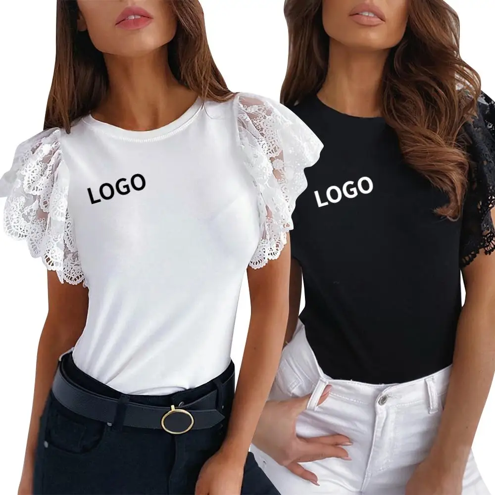 

clothes O neck color lace short sleeve blouses 2021 for plain shirts slim fit t shirt women