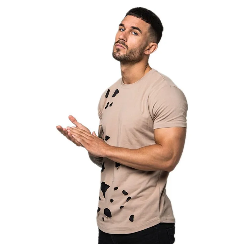 

2020 Cheap Distressed Ripped Holes Streetwear Hip Hop Tops o neck T Shirt Slim Fit Tee Shirt Men Summer T Shirts, Customized color