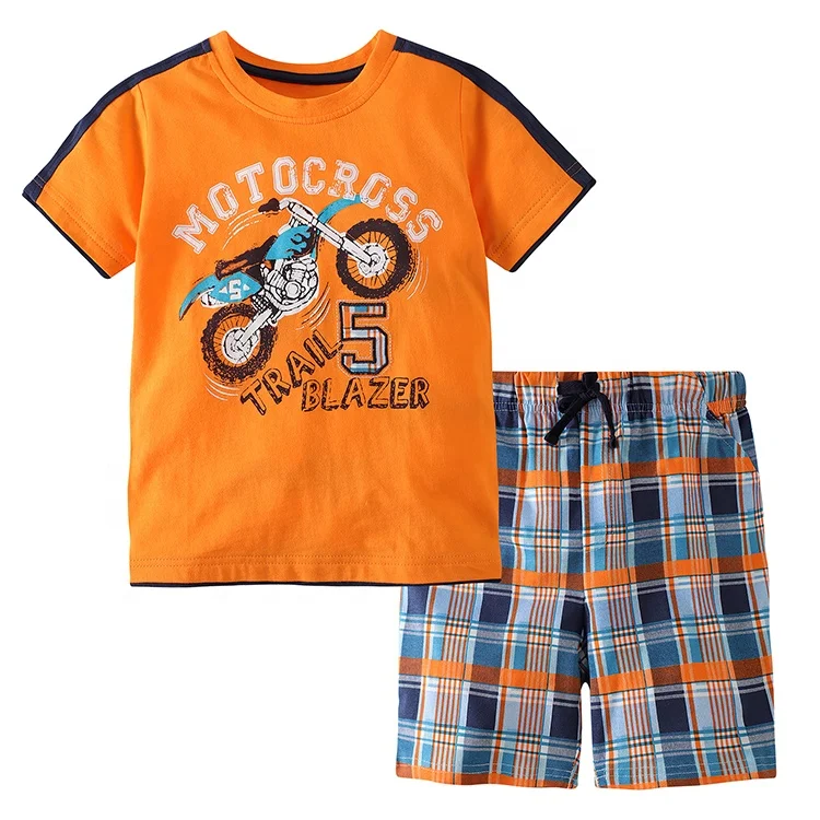 

New Arrival Children's Summer Apparel Airplane Motocross Print T-Shirt and Plaid Shorts Sets, Blue, orange, dark blue