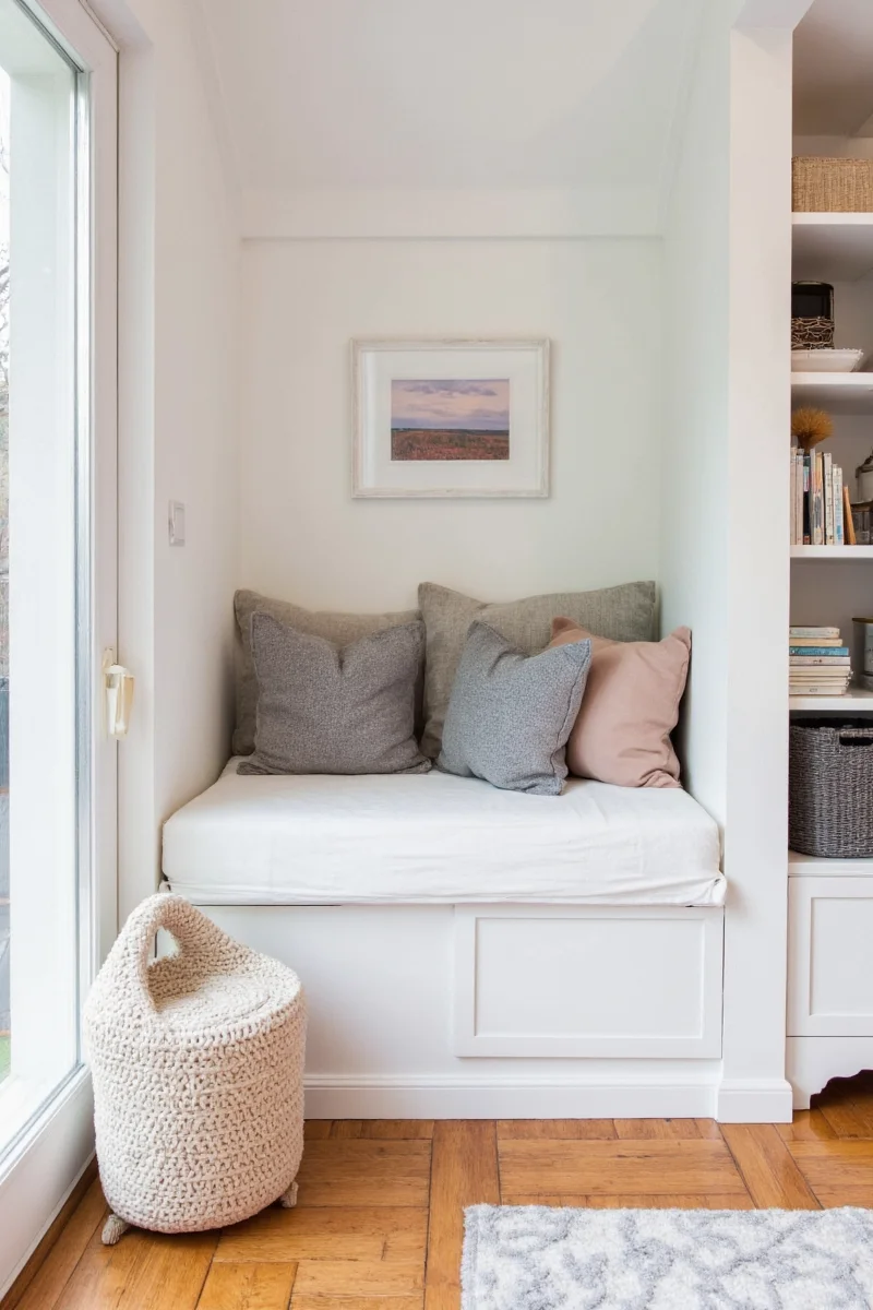 A cozy nook with soft bedding and cushions