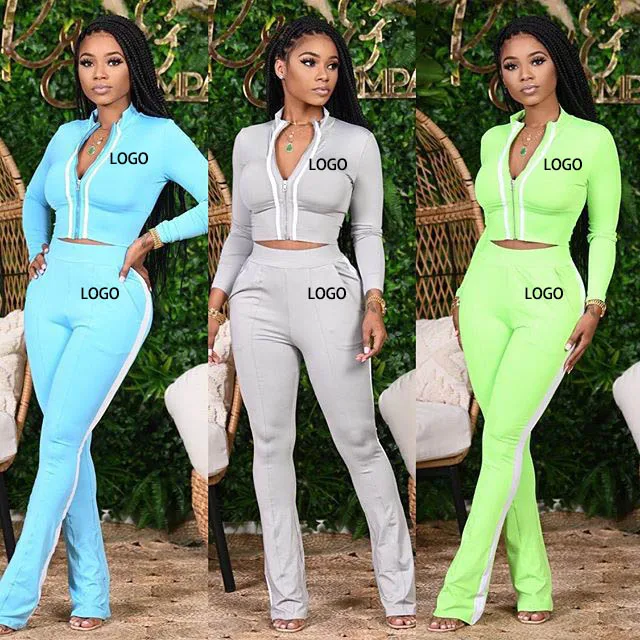 

custom two piece pants set zip up reflective crop top sporty elastic pants outfit fall 2021 women clothes 2 piece set women