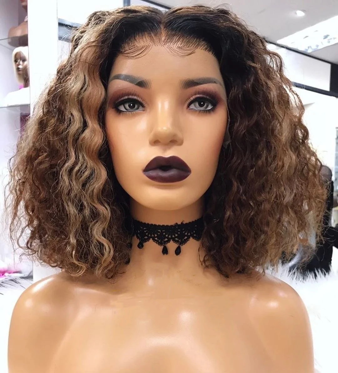 

Cuticle Aligned Ombre Coffee Brown Color Highlight wave Bob Human Hair Lace Front Wigs
