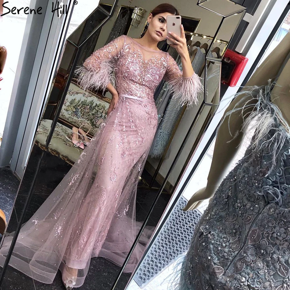 

Elegant Pink Beaded Feathers Evening Dresses 2021 Serene Hill LA70827 Lace O Neck Long Sleeves Long Party Gowns for Women