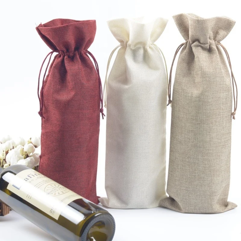 

JL-2525  Linen Cotton gift storage Drawstring Bags Wine Bottle Pouch