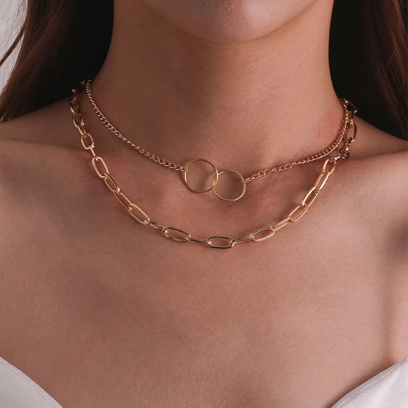 

Cheap Multilayer Necklace for Girls Alloy Link Chain Gold Plating Women Circle Jewelry Necklace