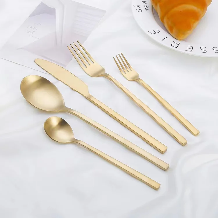 Matte Gold Flatware Talheres Inox Cubiertos Cutlery Set Stainless Steel Knife Spoon Fork