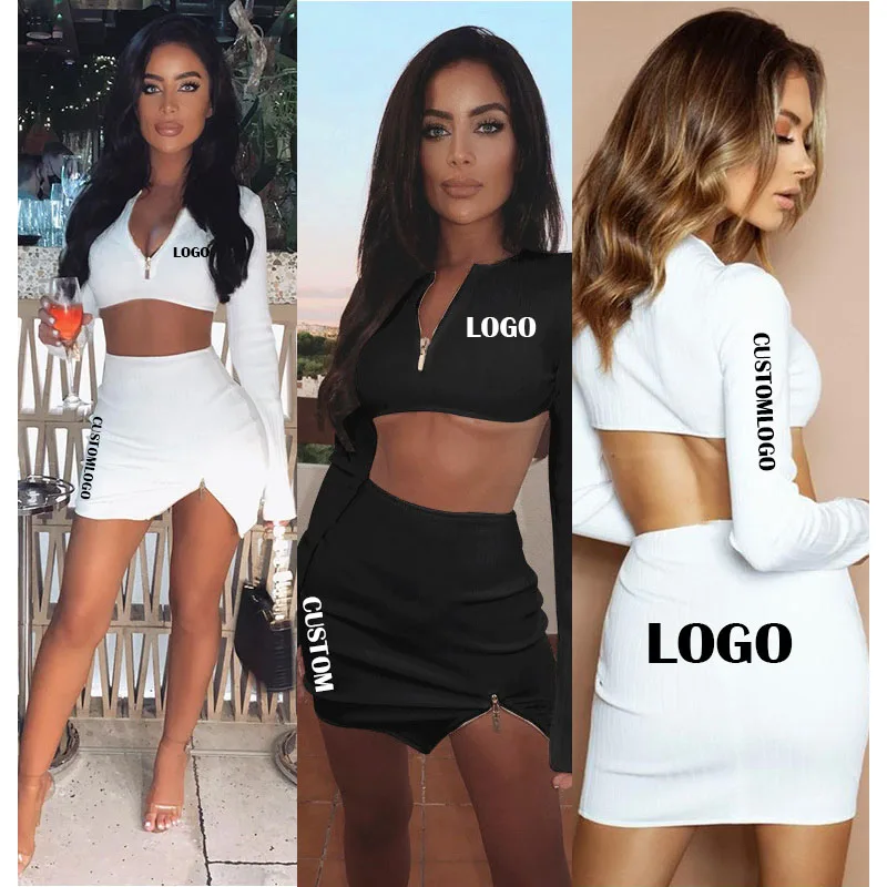 

Free Shipping long sleeve skirt suit sexy crop top sweater two-piece set girls two piece skirt set