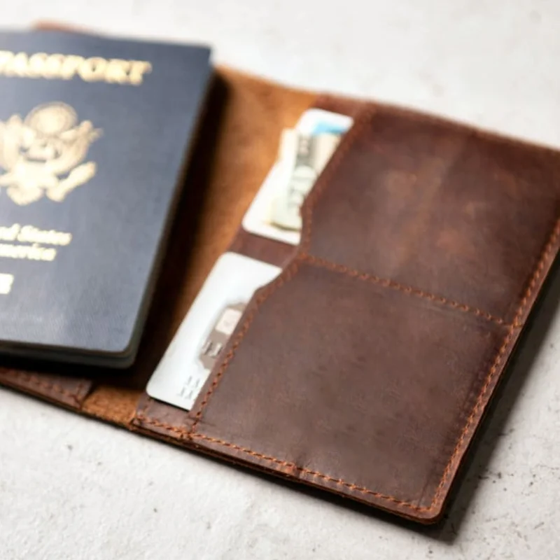 

Personalized Crazy Horse Leather Cover Passport Holder Travel Portable Passport Business Card Holder, Brown