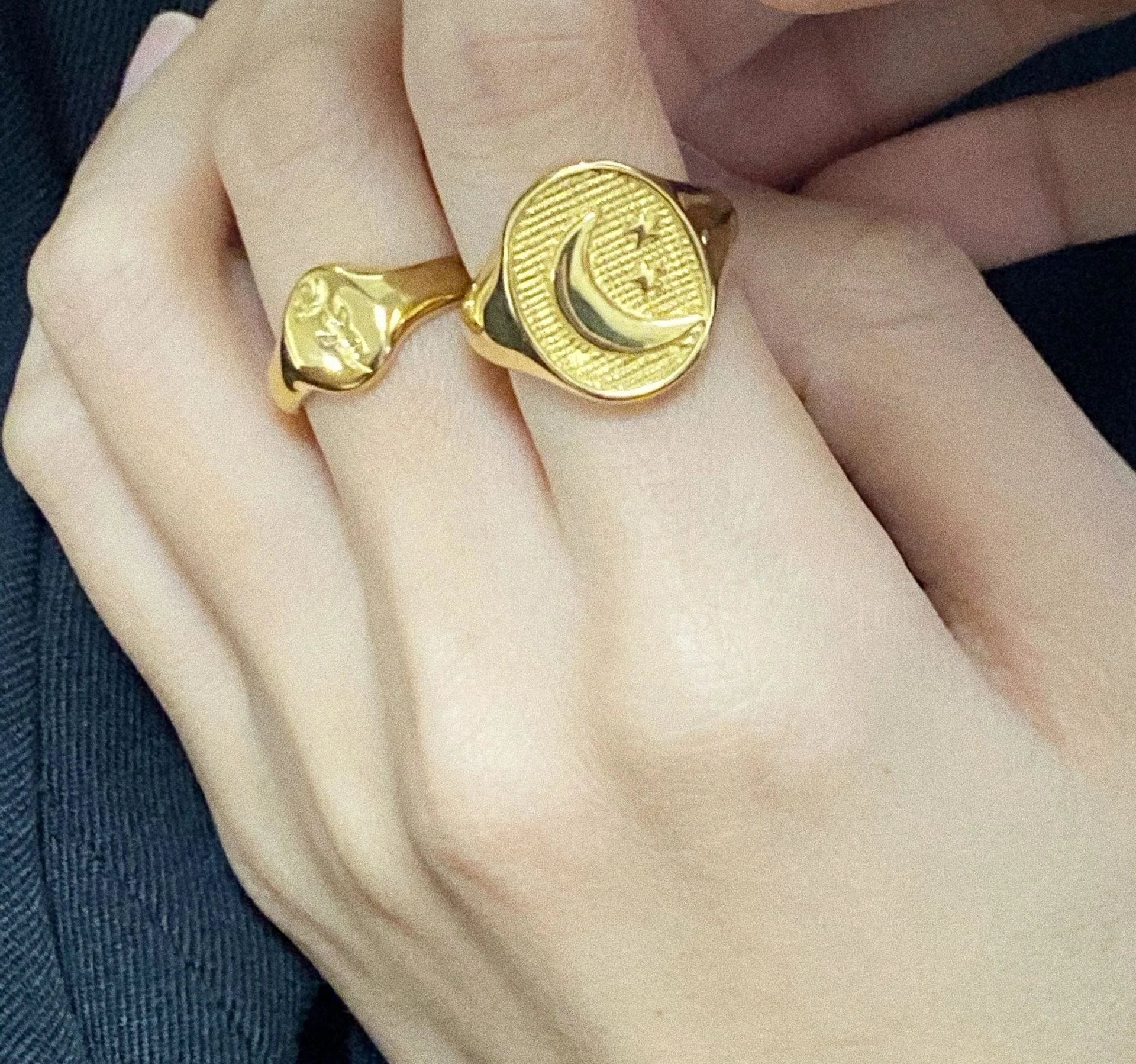 

14K Gold Plated Stainless Steel Star And Moon Embossed High Polished Waterproof Rings For Women
