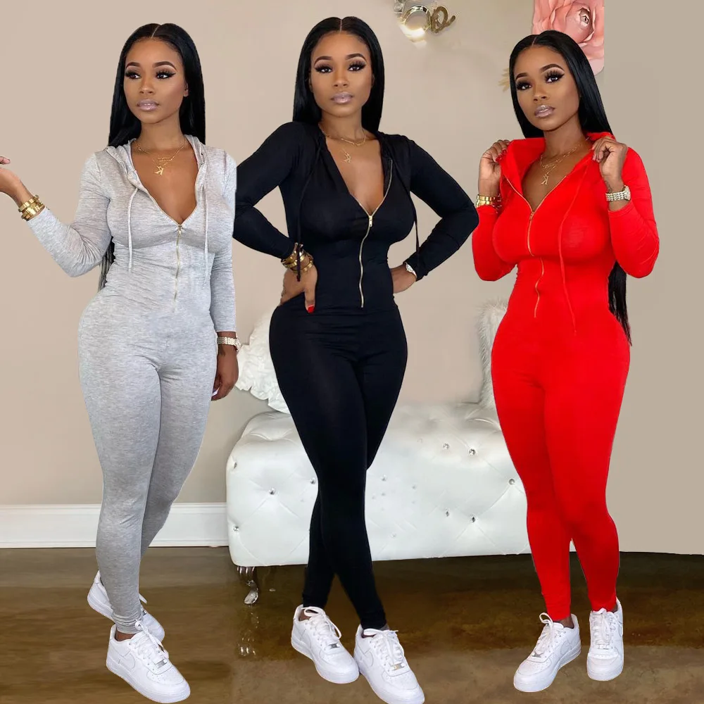 

2020 winter Ready to ship fall clothing fitness gym casual zip up hoodie women tracksuit jumpsuits and rompers