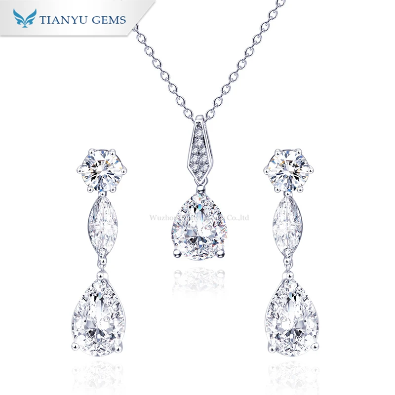 

Tianyu Gems Gold Jewelry DEF White Moissanite Ladies Drop Earring Necklace 10K white Gold Jewelry Sets