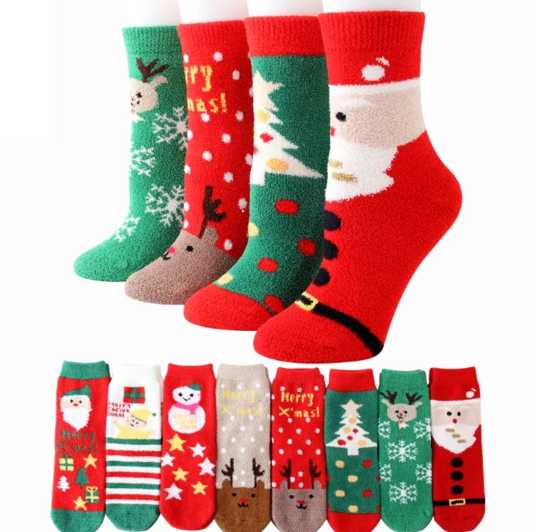 

Winter new warm coral fleece festive Christmas socks with extra thick indoor home cartoon Christmas elk socks