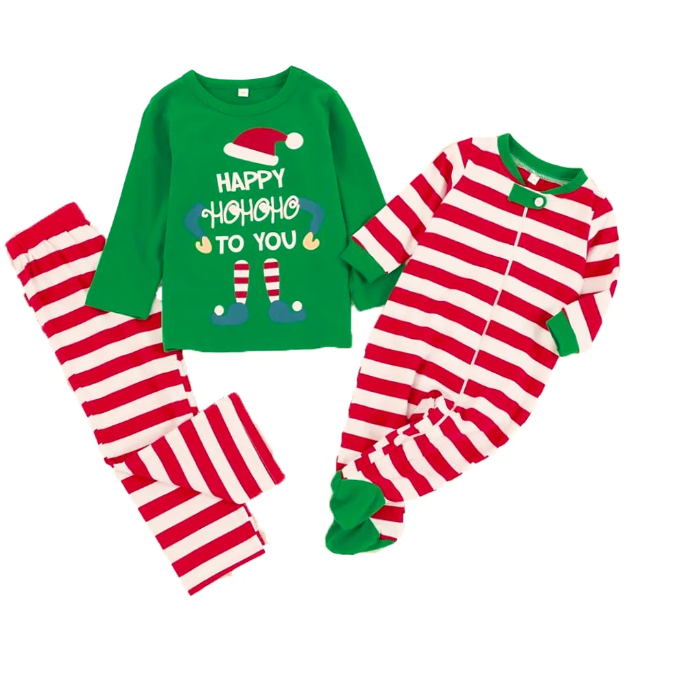 

Dad Mom Kids 100% Cotton Soft Cartoon Green Shirt Baby Jumpsuit Stripe Homewear Family Christmas Pajamas Set, Picture shows