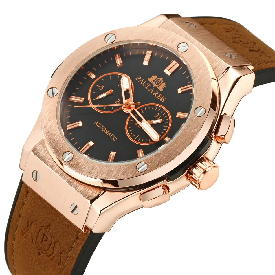 

Luxury Rose Gold Silver Black Case Genuine Leather Strap Week Calendar Casual Sport Automatic Self Wind Mechanical Watch for Men