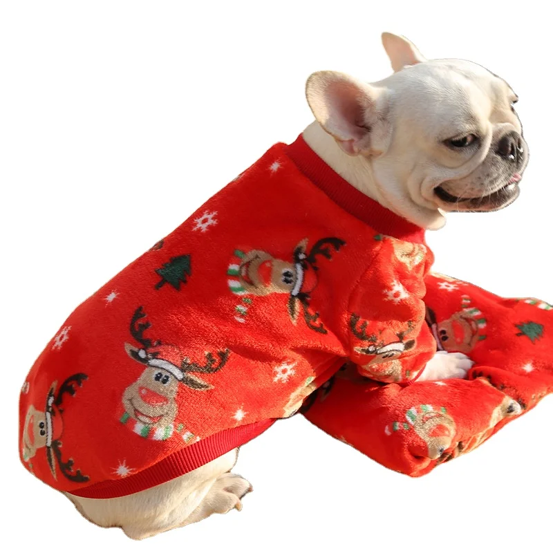 

2022 New Christmas Collection Flannel Pet Dog Clothes Christmas Elk French Bulldog Two Feet Cute Dog Autumn and Winter Clothes, Picture color