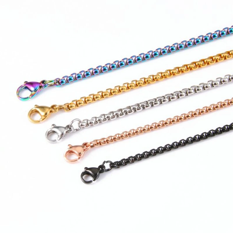 

50 PCS /lot Various sizes square rolo chain necklace Silver / Gold / Rose gold / Black / Rainbow stainless steel necklace chain, Steel /gold / gold gold / black / rainbow