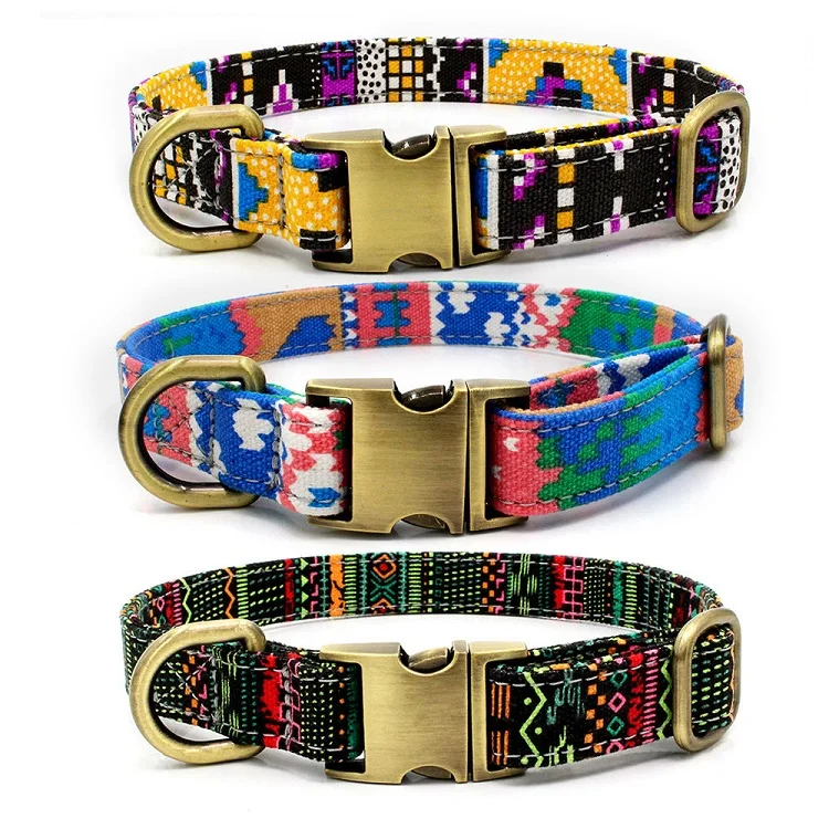 

Bohemian Style Collar Adjustable Collar Double Layer Sewing Leash Canvas Dog Collar with Bronze All-Alloy Buckle, Customized color