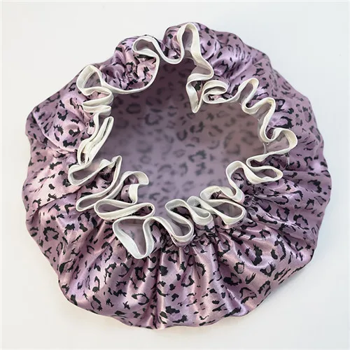 

New Arrival Satin + PEVA Double Layer Bath Cap Eco-friendly Shower Cap Waterproof For Shower Anti Cooking Oil Leopard
