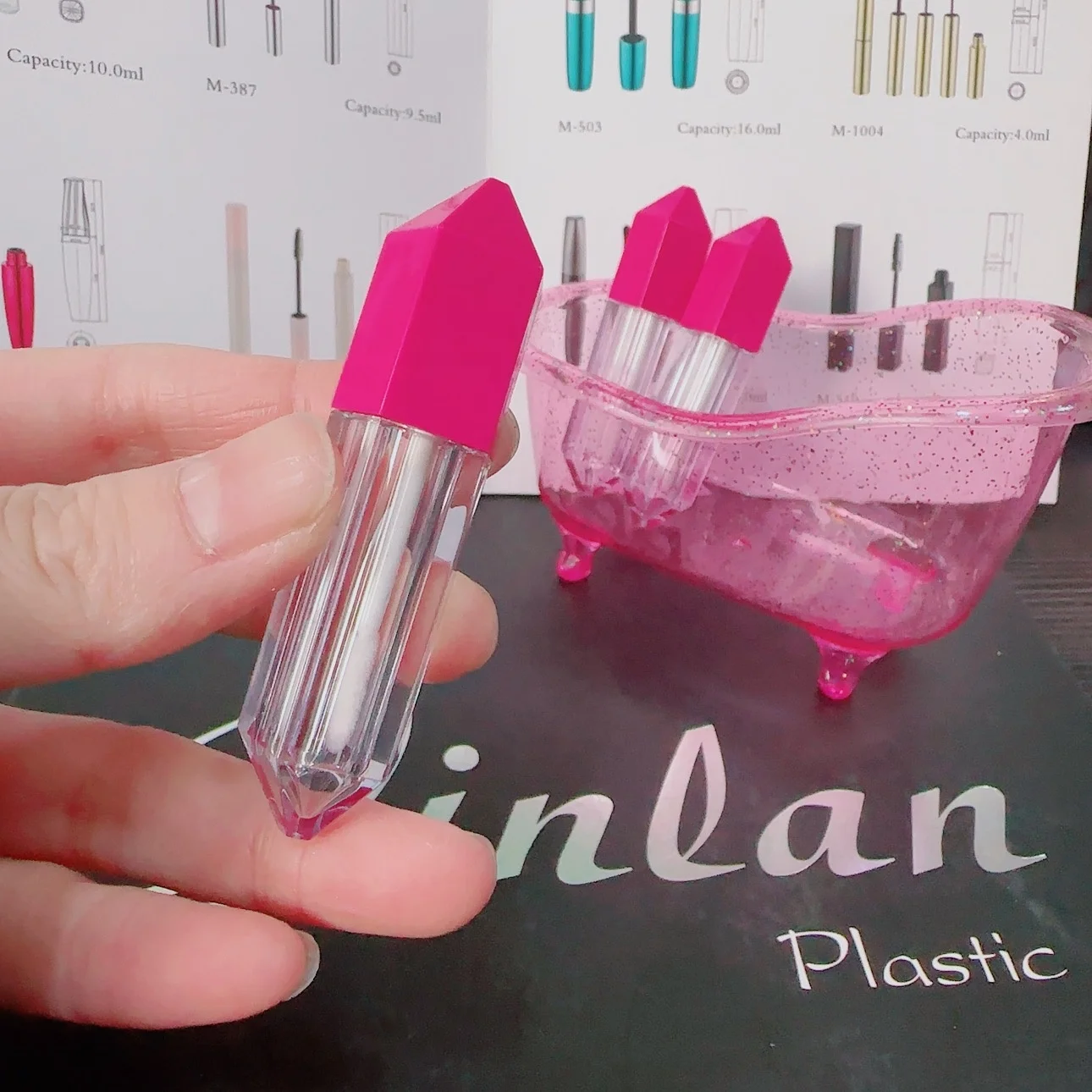 

Jinlan Free Sample Low MOQ RTS Make Your Own Cosmetic Mini Tube Pentagon Shape Hot Pink Silver Lip Gloss Lipgloss Tube