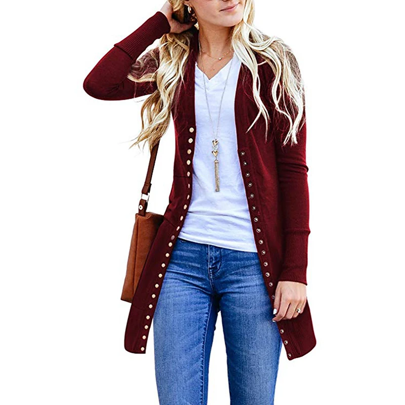 

Hot Sale Snap Button Down Slim Long Cardigan Women, Black, wine red, green, blue
