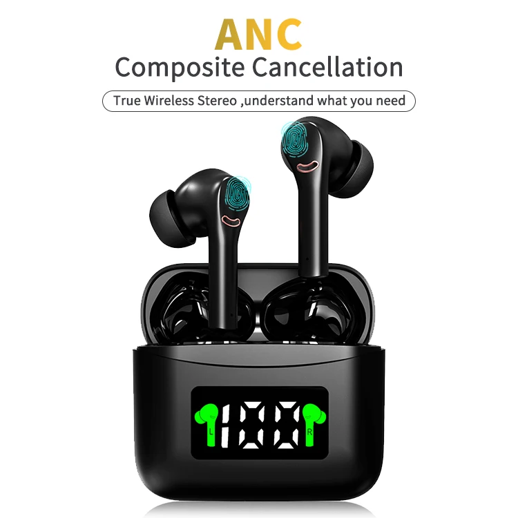 

New -38dbs ANC Active Noise Cancellation Earphone J5 Pro ENC Earbuds BT5.2 IPX5 Waterproof Headphone with Led Display Headset, White/green/black