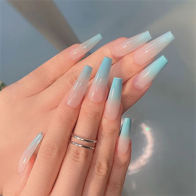 

24pcs/Box Custom Logo Colorful Gradient Extra Long C Curve Fake Nail Tips Full Cover Coffin Nails Press On Nails, Multiple colour