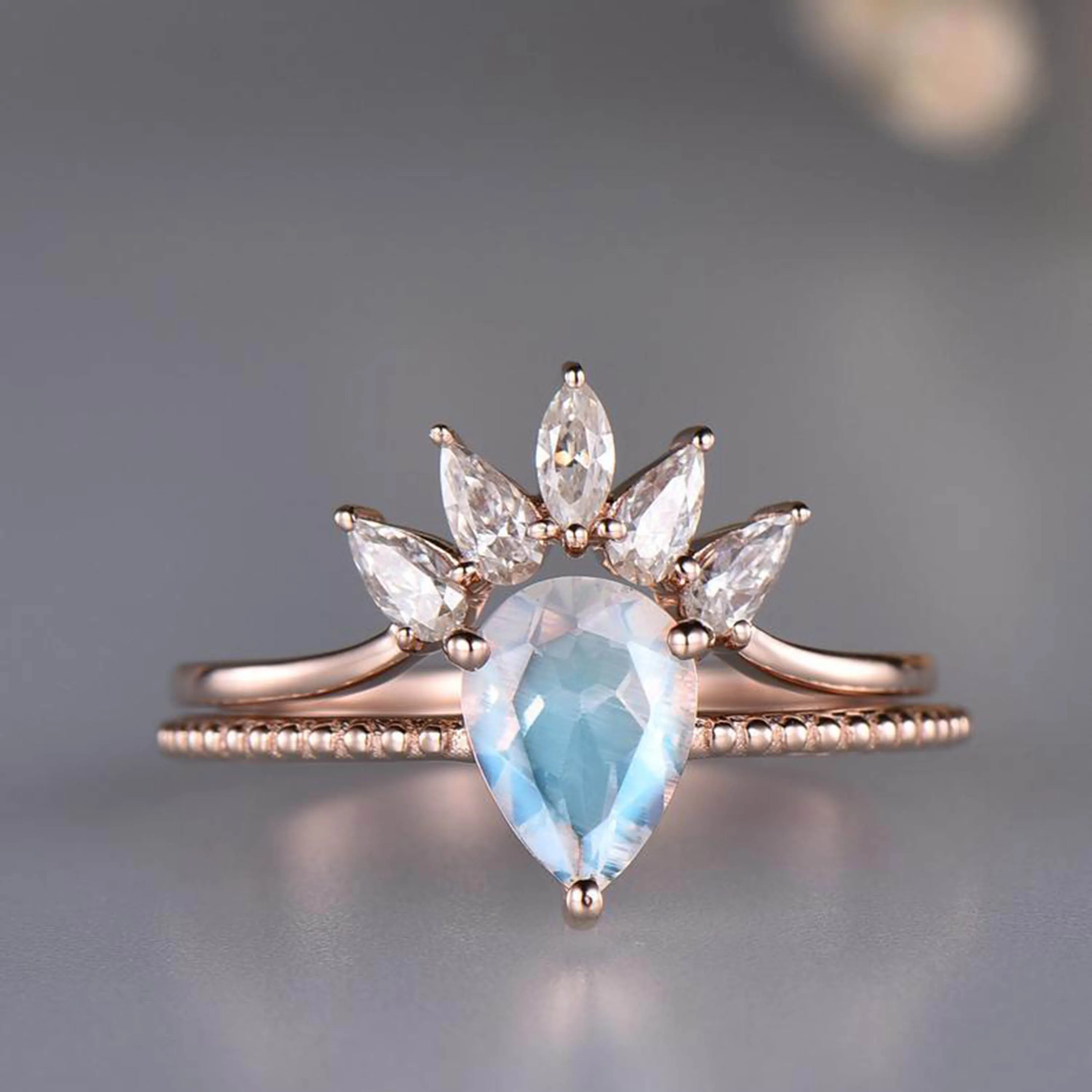 

Delicate Fantastic Jewelry Rose Gold Plated Pear Cut Moonstone With Marquise CZ Vice Ring Engagement Women Wedding Rings Set