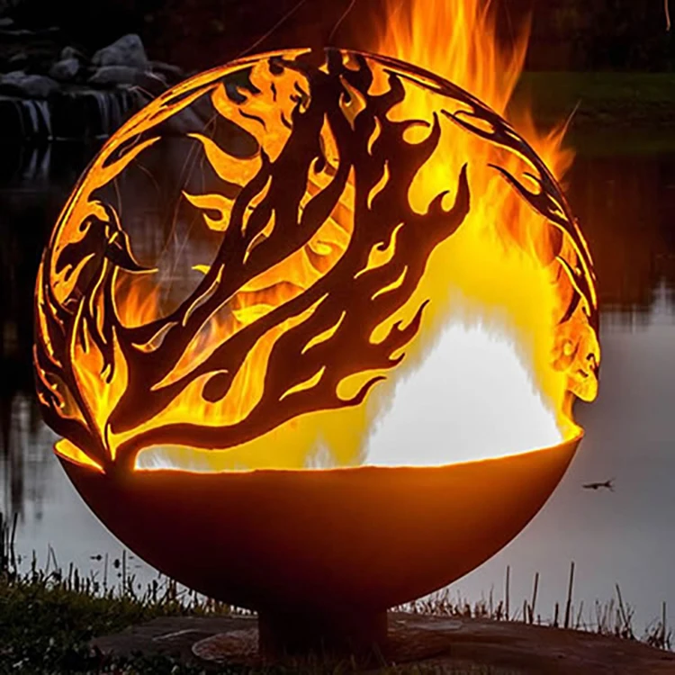

Phoenix Pattern Design Rusty Outdoor Metal Fire Ball in Corten Steel