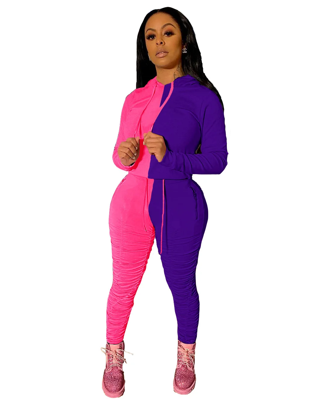 

20701-MX91 ruched contrast color 2 piece jumpsuit women sehe fashion
