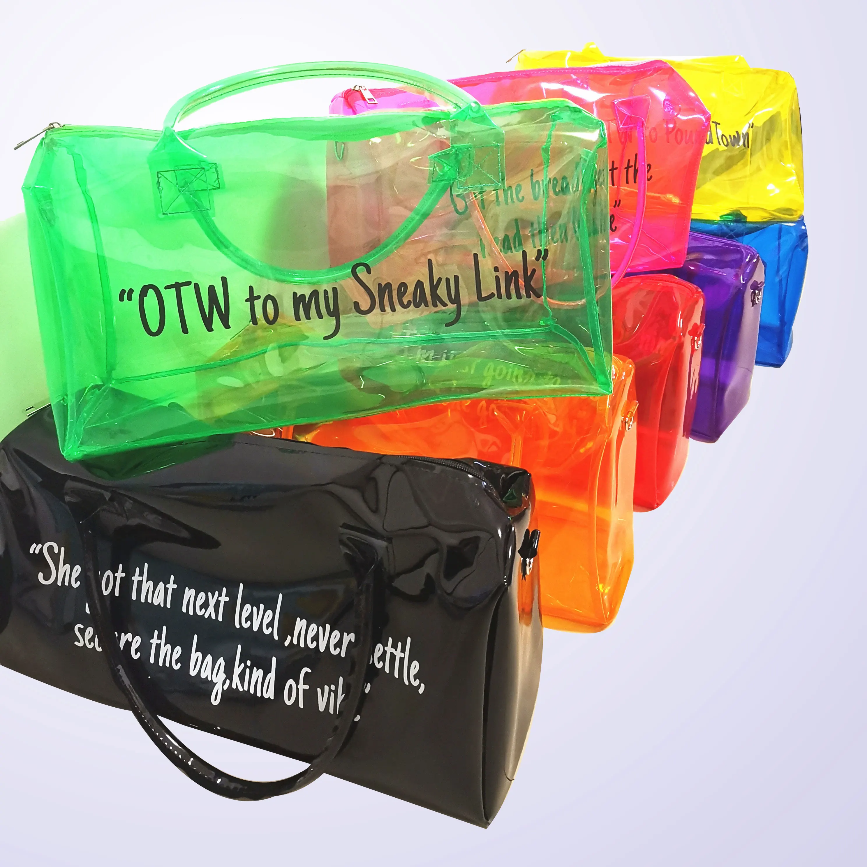 

Hot Sell womens customized travel waterproof colorful transparent duffle bag pvc clear duffle bag, Customers' requirement