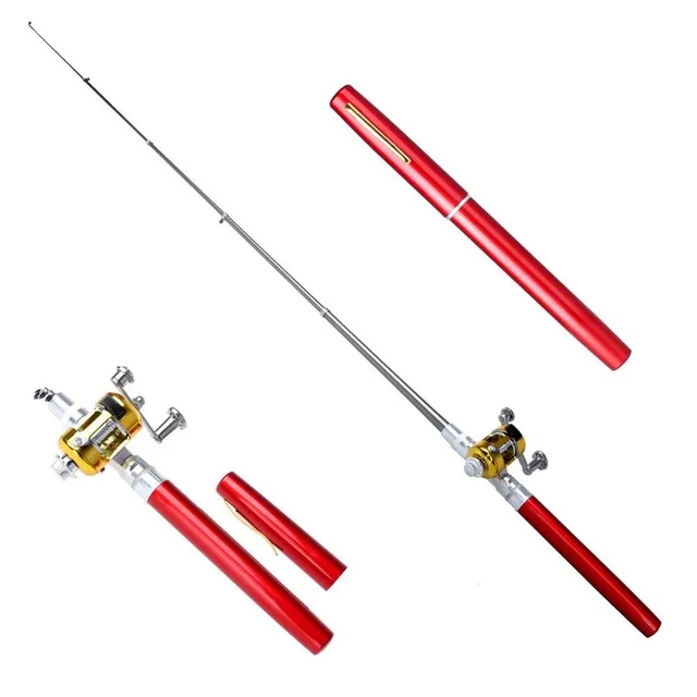 

Mini Portable Pen Type Fishing Rod Aluminum Alloy Telescopic Fishing Pole Pocket Size Rod Outdoor Fishing Tackle with reel set, Yellow,red,purple,silver,blue,black