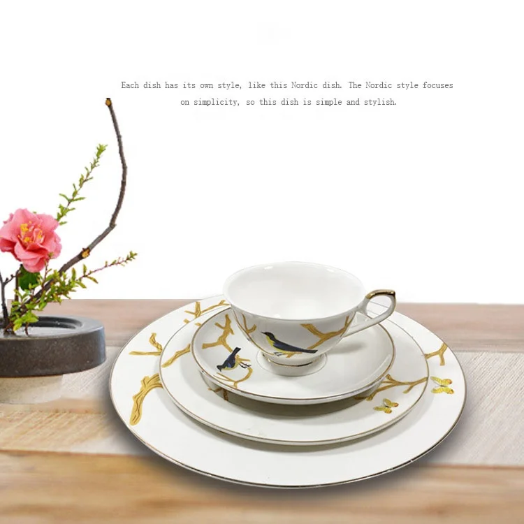 

New bird pattern gold rim dinner plate new Chinese plate set 8 inch 10 inch cup and saucer 4pcs porcelain tableware set, As shown