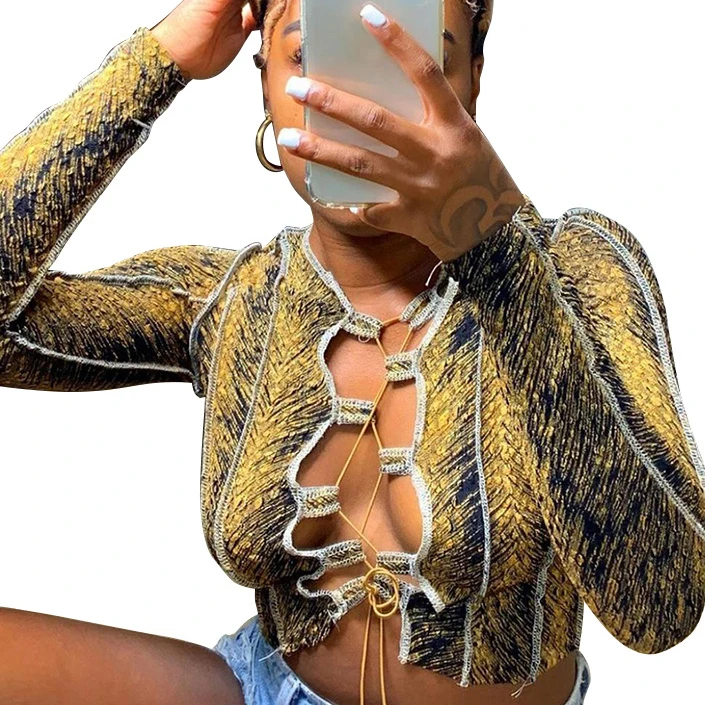 

S1550N women long sleeve Fashion prints bandage T shirts