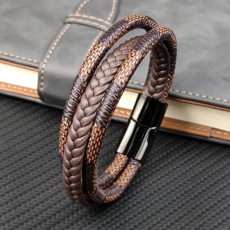 

Old flower brown blue white stainless woven leather steel magnetic clasp men's bracelet